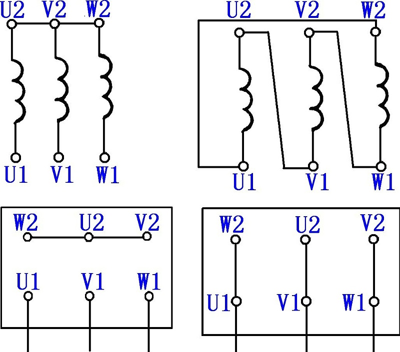 三相電動(dòng)機(jī)的運(yùn)行方式接線示意圖 （左星形聯(lián)結(jié)；右三角形聯(lián)結(jié)）